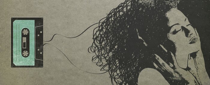 Poster Woman listening to music and cassette tape