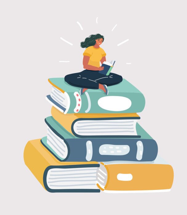 Poster Woman reading and sitting on books.