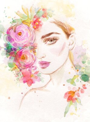 Poster woman with flowers. beauty background. fashion illustration. watercolor painting