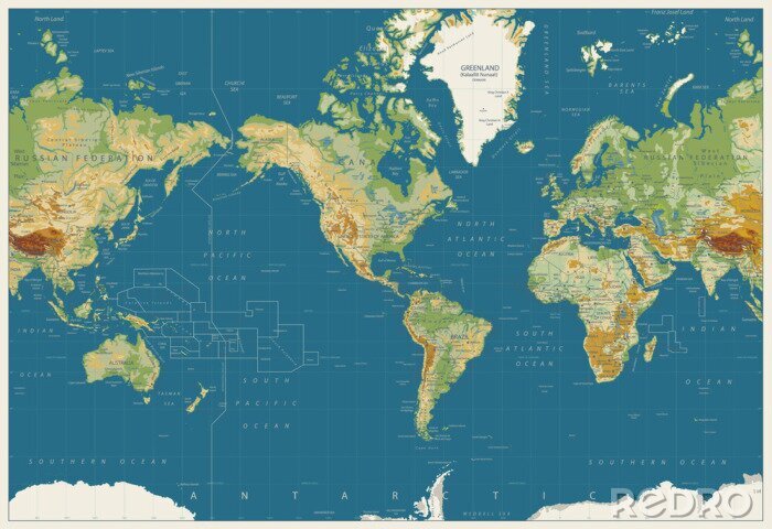Poster World Map Americas Gecentreerde Fysieke Kaart. Vintage Kleuren. Geen badmetrie