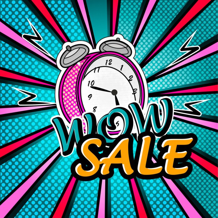 Poster wow verkoop heldere pop art explosie op gestippelde achtergrond