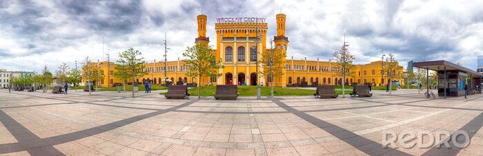 Poster WROCLAW, POLAND - MAY 03, 2019: Main Railway Station in Wroclaw (Wroclaw Glowny). Built in the mid-19th century near the centre of the city. Total renovation before EURO 2012.