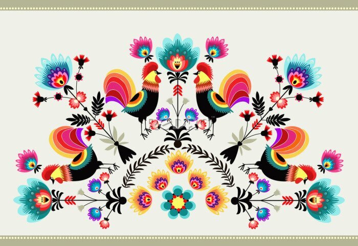 Poster WZOR ludowy z kogutami