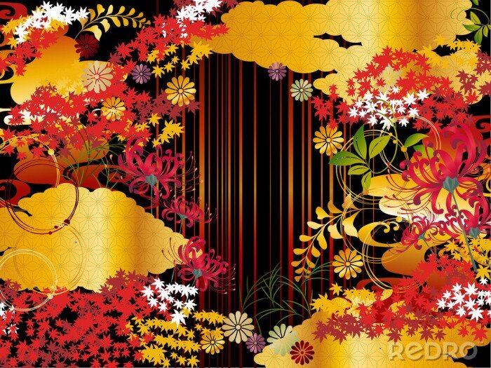 Poster 秋紅葉金雲和柄背景素材