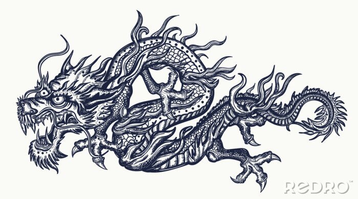 Poster Сhinese dragon tattoo. Traditional asian style. China. Ancient mythology and culture