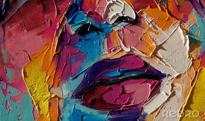 Poster “Louise” - oil painting. Conceptual abstract picture of a beautiful girl. On the background is written text from a book. Conceptual abstract closeup of an oil painting and palette knife on canvas.