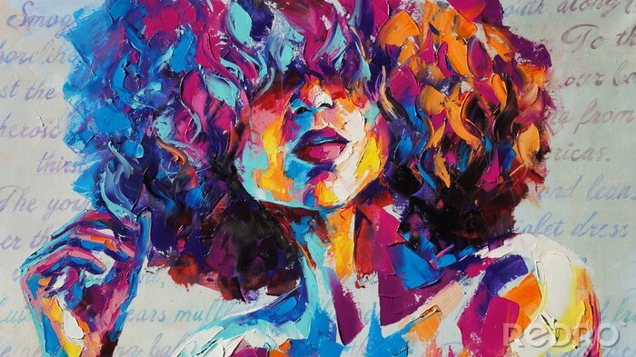 Poster “Louise” - oil painting. Conceptual abstract picture of a beautiful girl. On the background is written text from a book. Conceptual abstract closeup of an oil painting and palette knife on canvas.