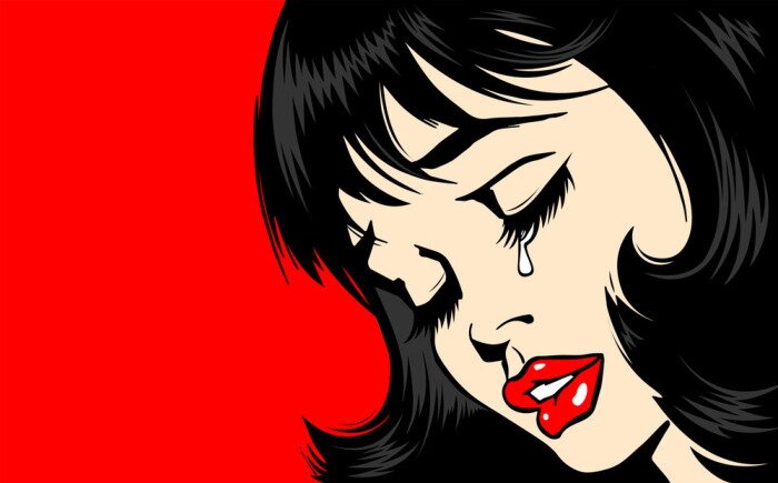 Poster Pop Art Woman сlose-up. beautiful girl in pop art style crying. tear on the lady's face. The lush red lips of a sexy brunette. Vector. Illustration on red background. Women Health. Menstruation.