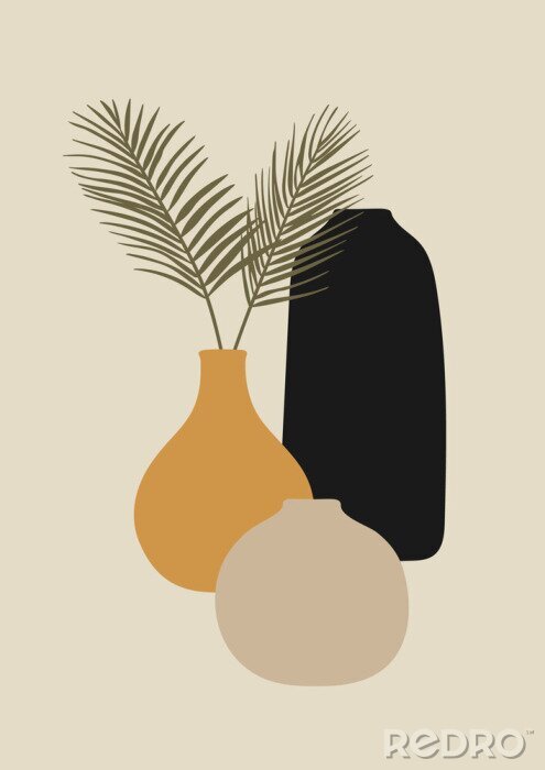 Poster Samenstelling van drie vazen ​​en palmbladeren
