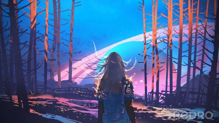 Poster Vrouw staan ​​alleen in het bos met fictieve planeten achtergrond, digitale kunst stijl, illustratie schilderij