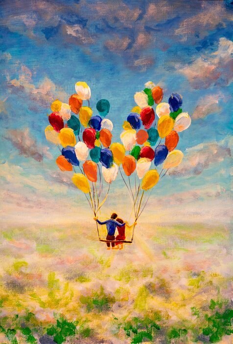 Poster Young couple in love fly on air balloons illustration. Fantasy art contemporary painting with many flying balloons modern art for book