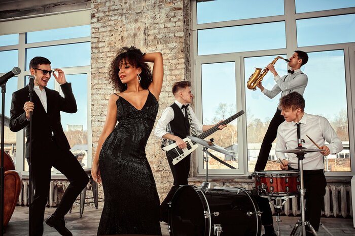 Poster Young international musicians, a band performing on the loft stage. The concept of music, hobby, festival. Inspiration creativity.