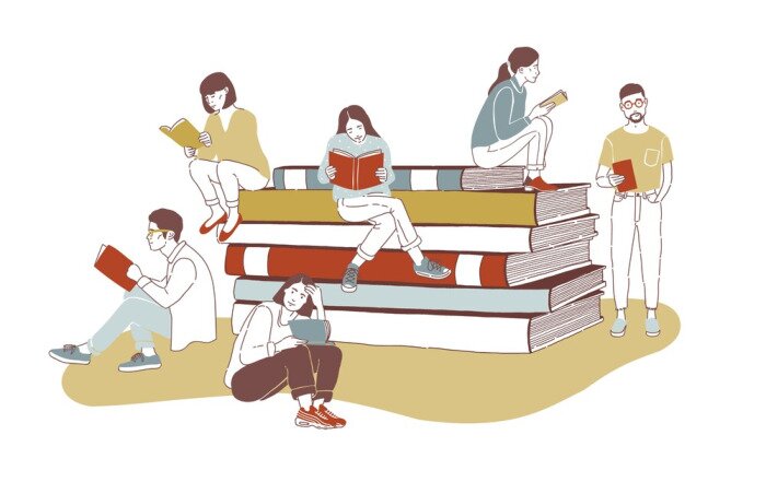 Poster Young stylish male and female readers dressed in trendy apparel sitting on stack of giant books or beside it and reading. Literature fans or lovers. Colored vector illustration in contemporary style.