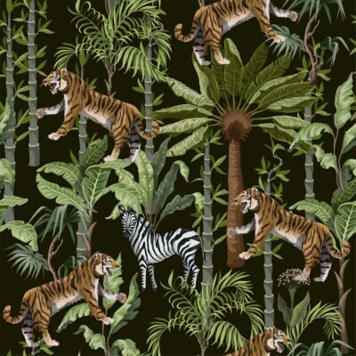 Zebra's en tijgers op een achtergrond van tropische planten