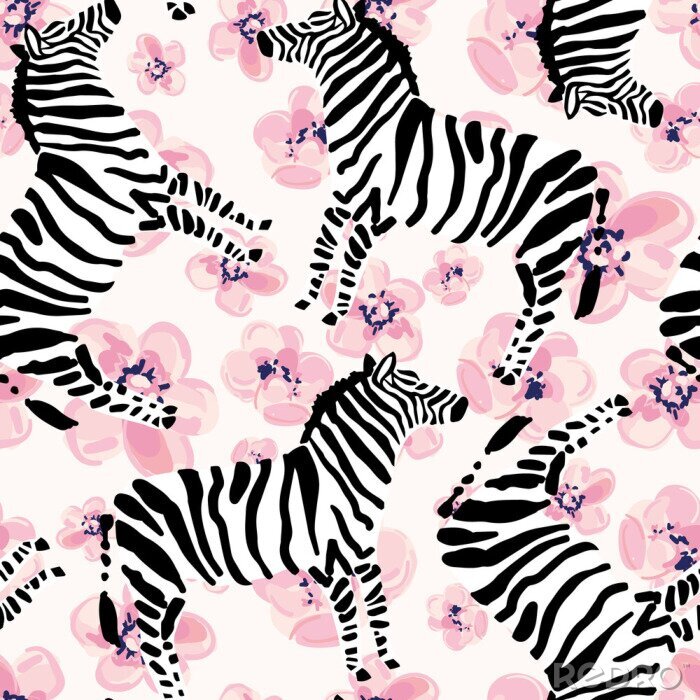 Poster Zebras op de roze bloemen achtergrond. Vector naadloos patroon met gestreepte safari dier.