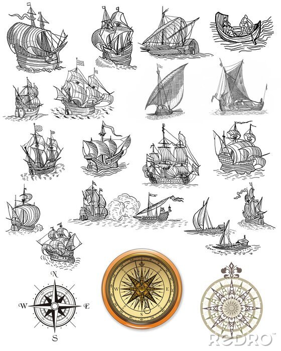 Poster Zee en schetsen van verschillende schepen