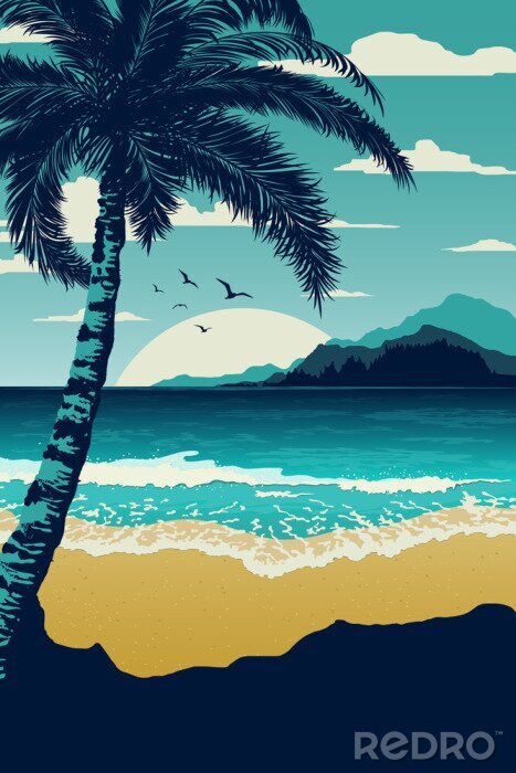 Poster Zee en strand palmbladeren