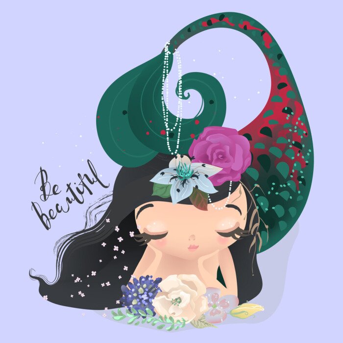 Poster Zeemeermin met parels die aan de staart hangen