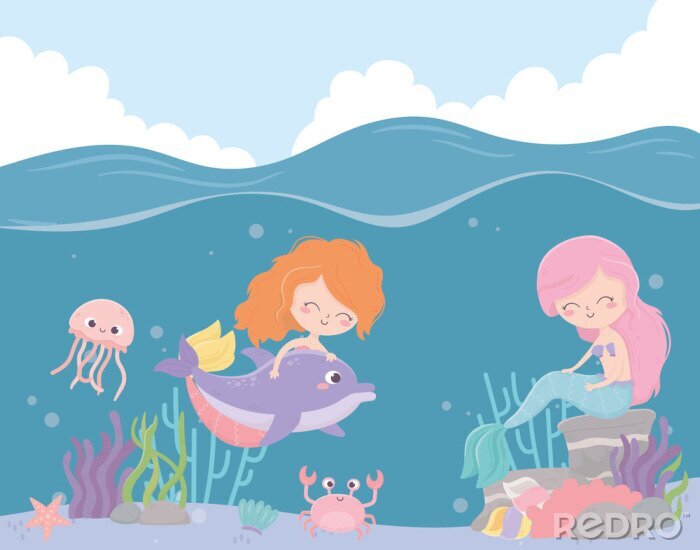 Poster Zeemeerminnen die plezier hebben onder de golven
