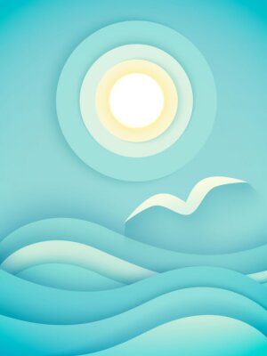 Poster Zeemeeuw vliegt over het water naar de grafische zon