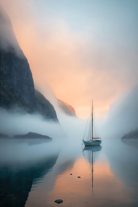Poster Zeilboot tussen de kliffen