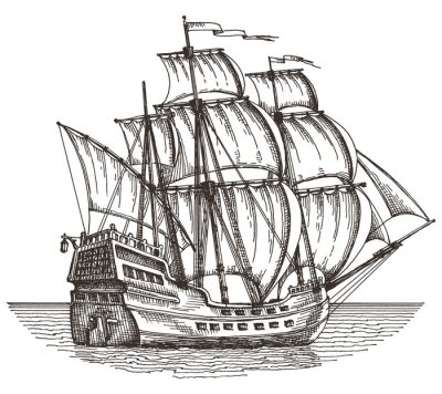 Zeilschip geschetst piratenschip