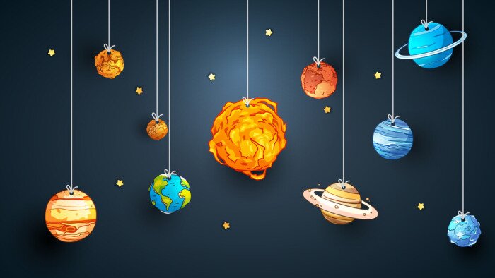 Poster Zonnestelsel voor kinderen opgehangen aan touwen