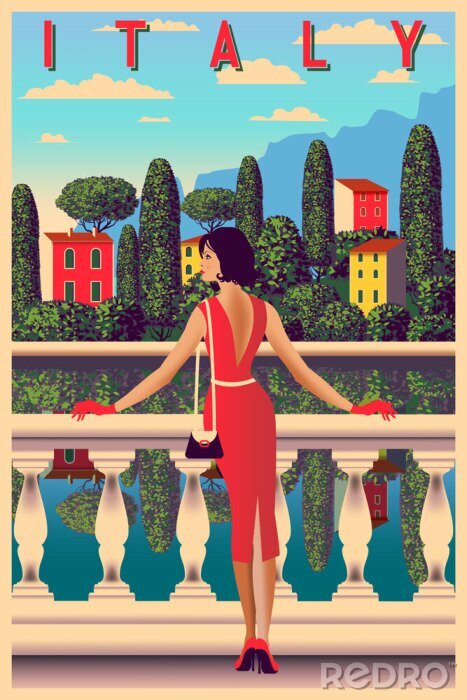 Poster Zonnige zomerdag aan de oever van het Comomeer, Italië. Handgemaakte tekening vector illustratie. Kan worden gebruikt voor posters, banners, ansichtkaarten, boeken en enz.