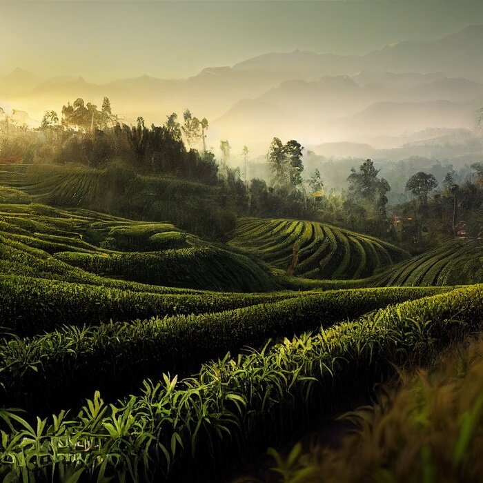 Poster Zonsondergang boven het theeveld
