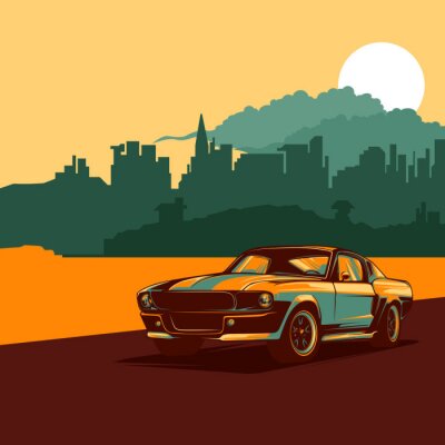 Poster Zonsondergang en auto voertuig