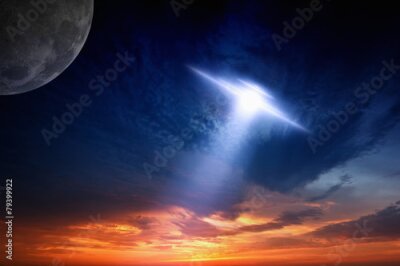 Poster Zonsondergang en een UFO in de lucht