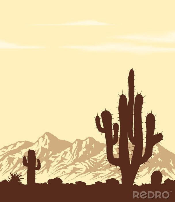 Poster Zonsondergang in lifless steenwoestijn met cactussen. Vector landschap.