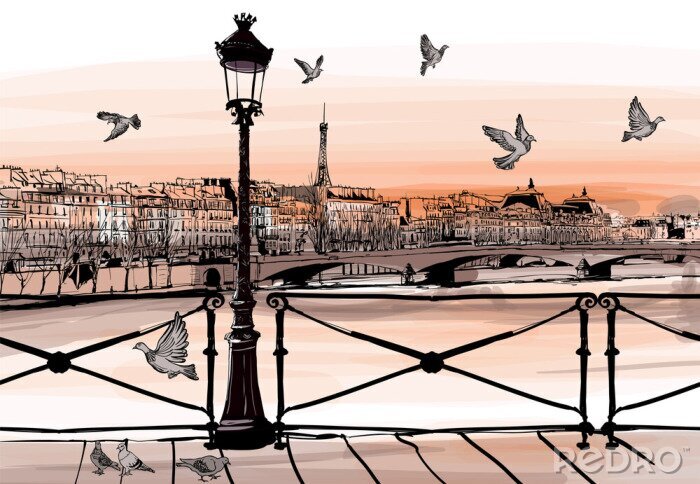 Poster Zonsondergang op de rivier de Seine vanaf Pont des arts in Parijs