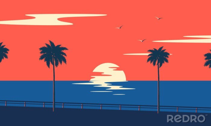 Poster Zonsondergang zee en palmbomen