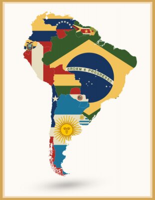 Poster Zuid-Amerika kaart met vlaggen en vintage Kleuren