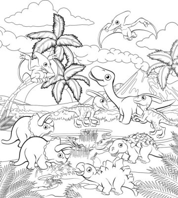 Poster Zwart-wit afbeelding van een prehistorisch landschap met dinosaurussen
