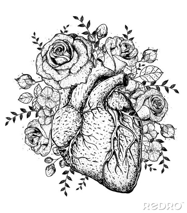 Poster Zwart-wit hart begroeid met rozen