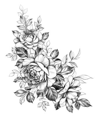 Poster Zwart-wit takje met roze bloemen