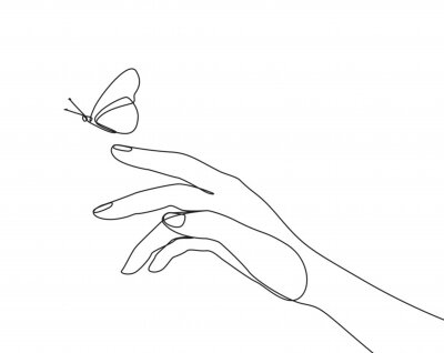 Zwart-wit tekening van een hand uitgestrekt naar een vlinder
