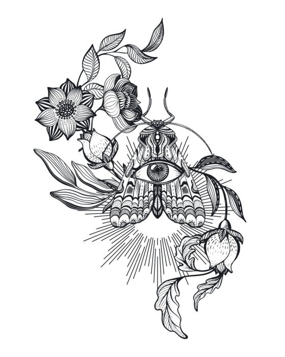 Poster Zwart-witte bloemen, mot en oog