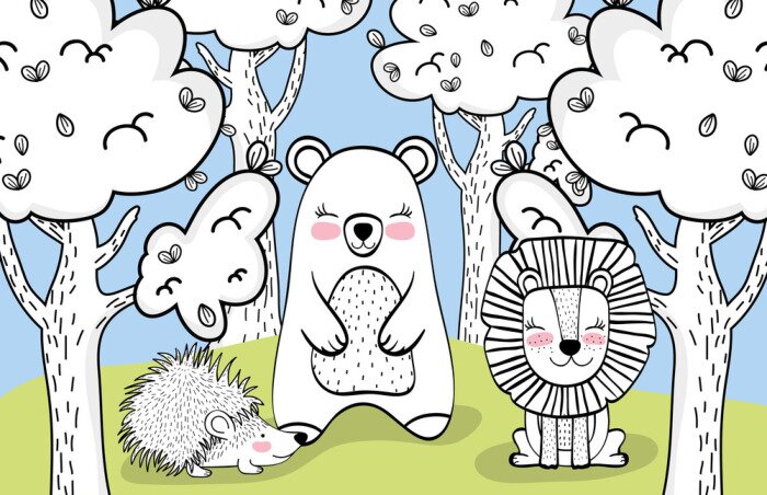 Poster Zwart-witte dieren op een groene open plek