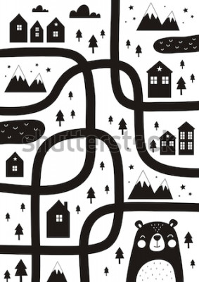 Poster Zwart-witte stad met een weg en een beer