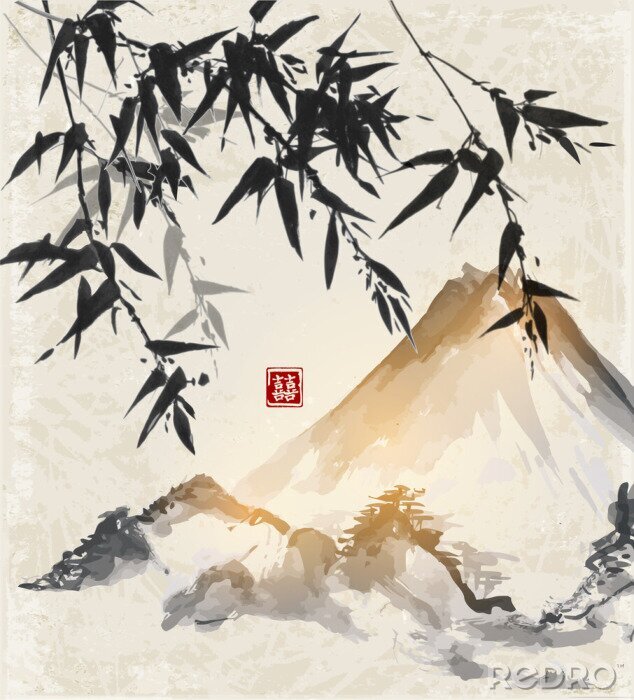 Poster Zwarte bamboe op achtergrond van aquarel berg
