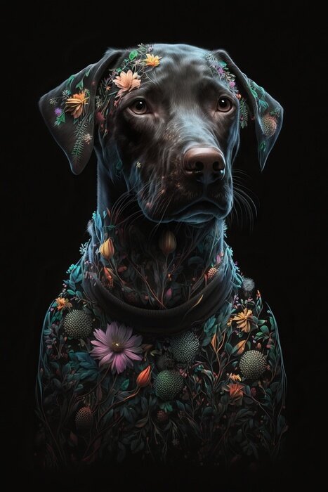 Poster Zwarte hond met bloemen