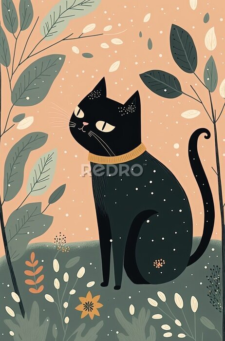 Poster Zwarte kat in de tuin
