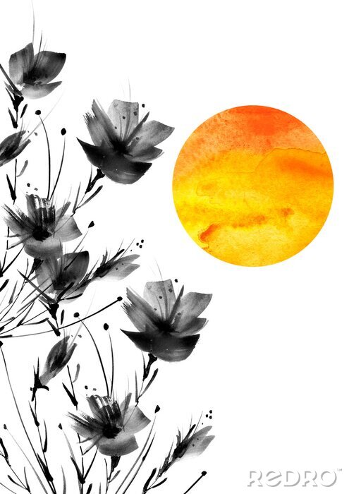 Poster Zwarte klaprozen en oranjegele zon