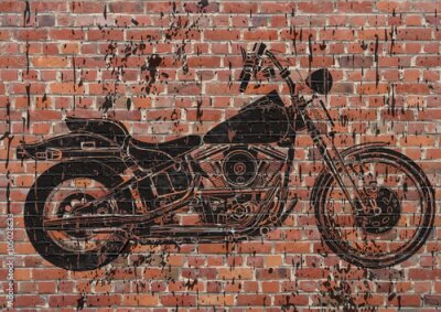 Poster Zwarte motorgraffiti op een rode bakstenen muur.