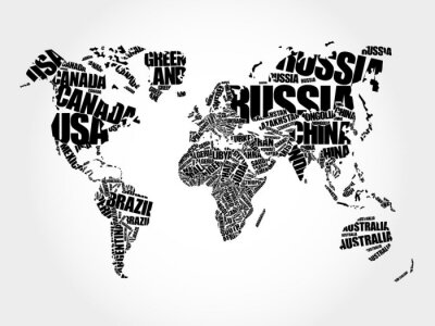 Zwarte typografische kaart van de wereld