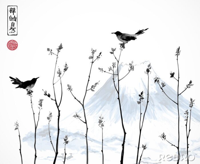 Poster Zwarte vogels aan de bomen