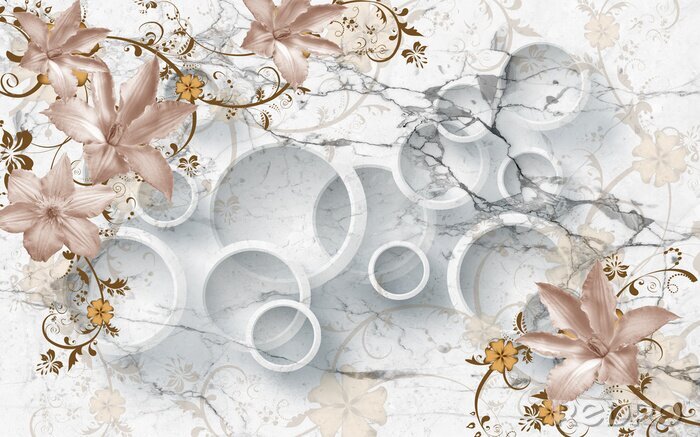 Sticker 3D bloemen op marmeren cirkelbehang, het 3d teruggeven.